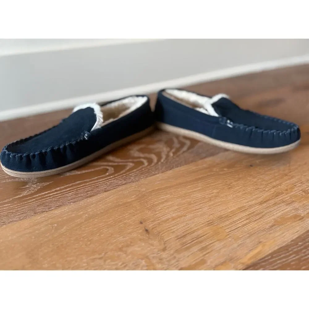J.Crew Navy Suede Faux Fur Lined Moccasin Loafers Shoes Size 10 Never Worn